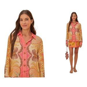 Farm Rio Sand Palm Scarf Shirt Pink Tropical Print Size S NWOT